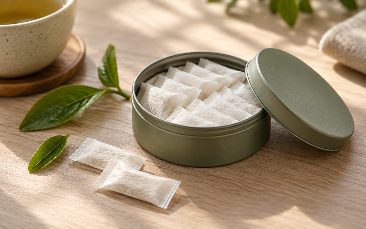An open tin of plain white oral pouches on a wooden table